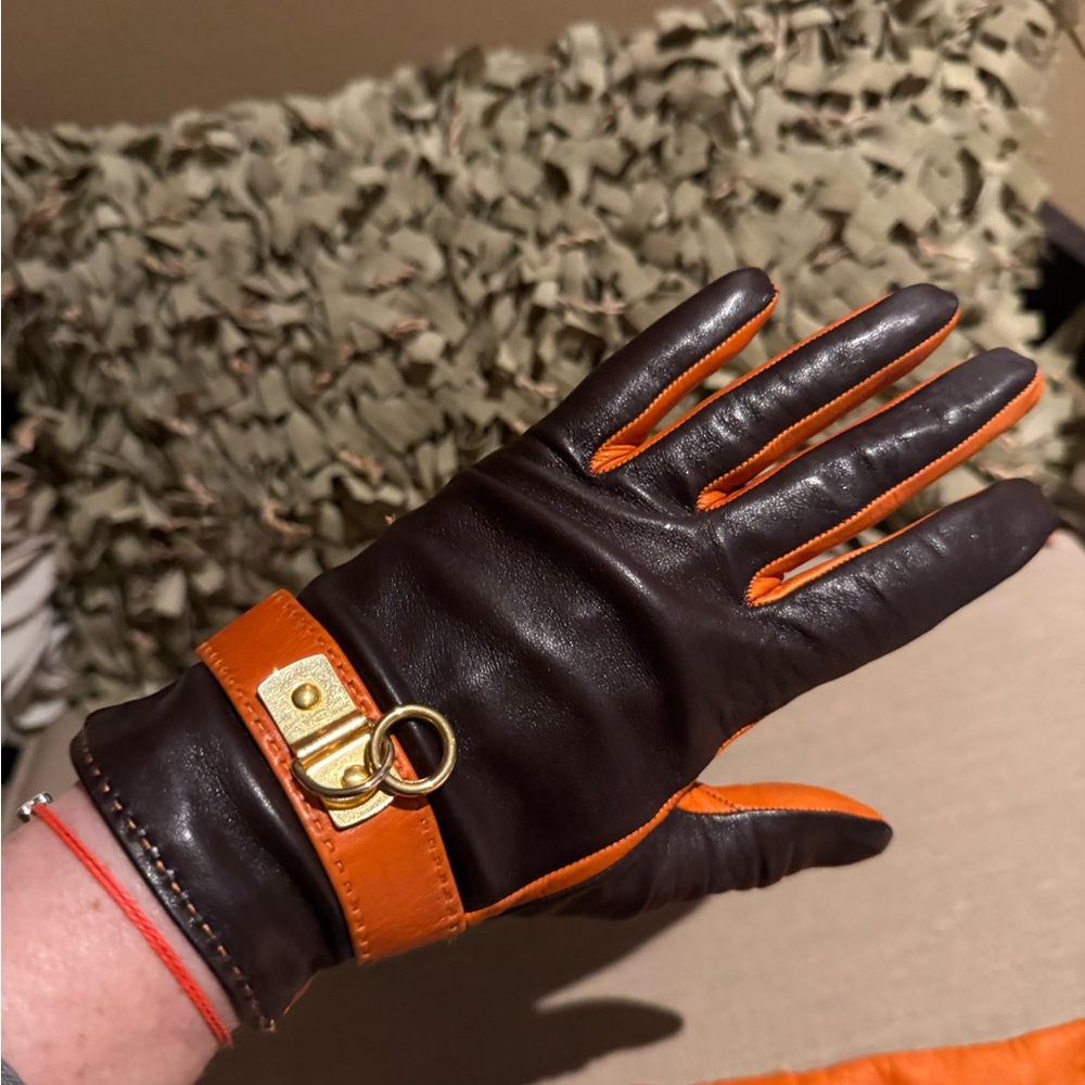 Elegant Brown and Orange Leather Gloves